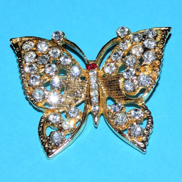 Jewelry | Vintage Rhinestone Butterfly Brooch Gold Tone Flying Insect ...
